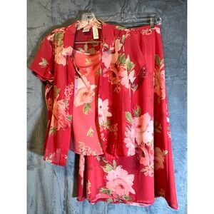 Emma James Liz Claiborne Sz 8 Red Floral 3pc Skirt Blouse Tank Set Vintage